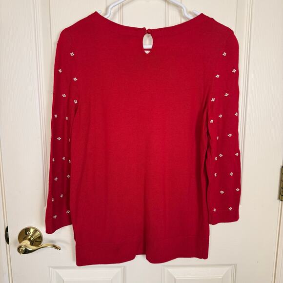 Talbots Pearl Beaded Sweater Red Knit 3/4 Sleeves Medium EUC Feminine Preppy - Picture 3 of 6